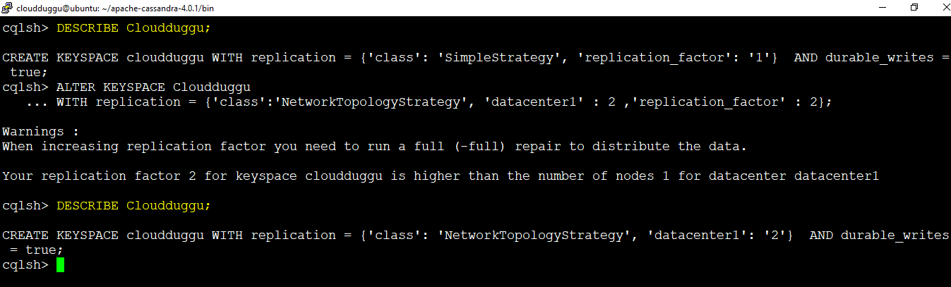 cassandra alter keyspace cloudduggu