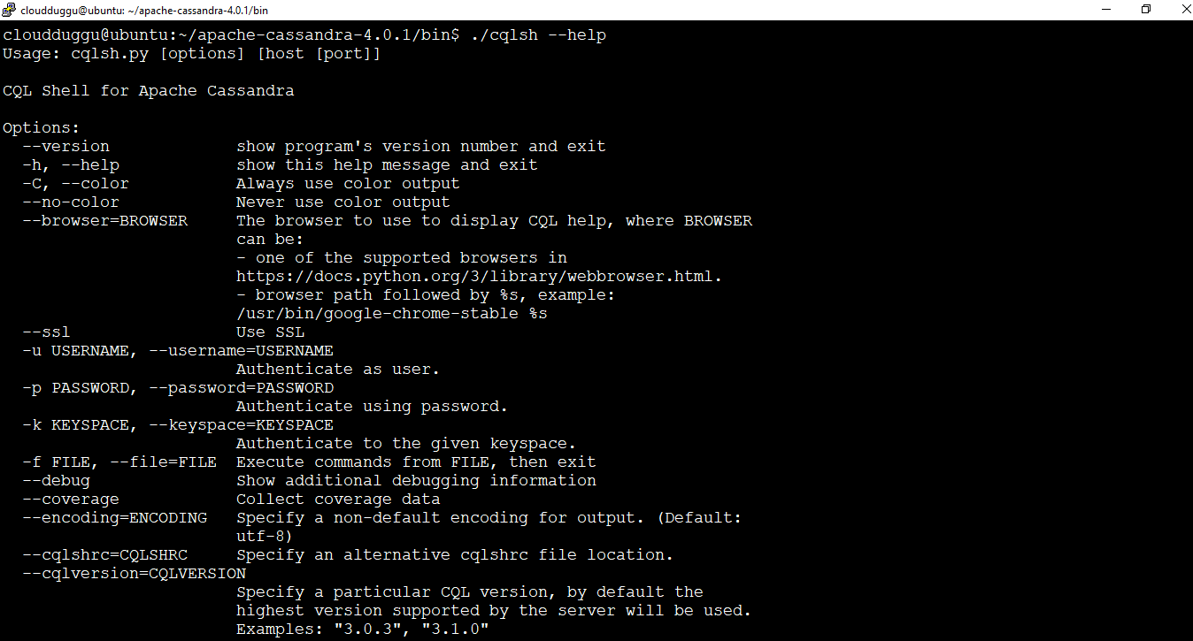 cassandra cqlsh help command cloudduggu