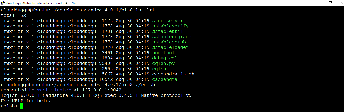 start cqlsh shell cloudduggu