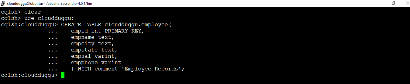 cassandra create table cloudduggu