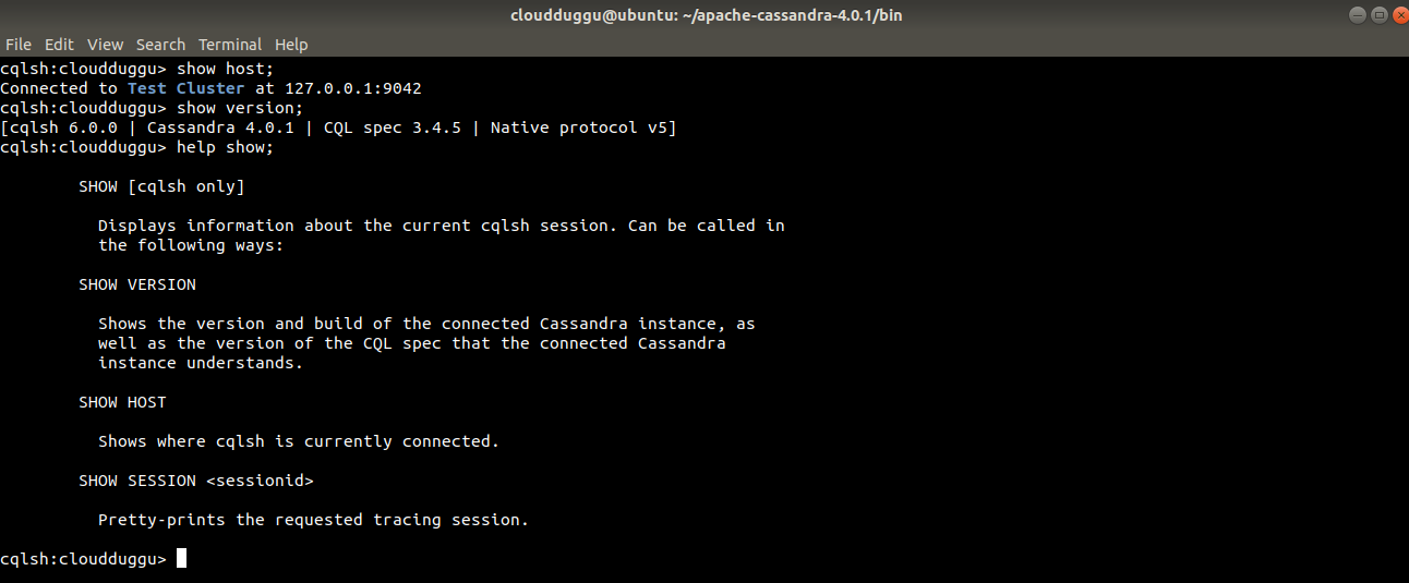 cassandra show command output cloudduggu