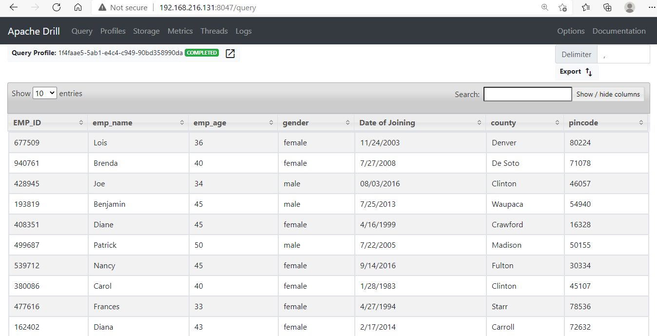 drill query output of web ui cloudduggu