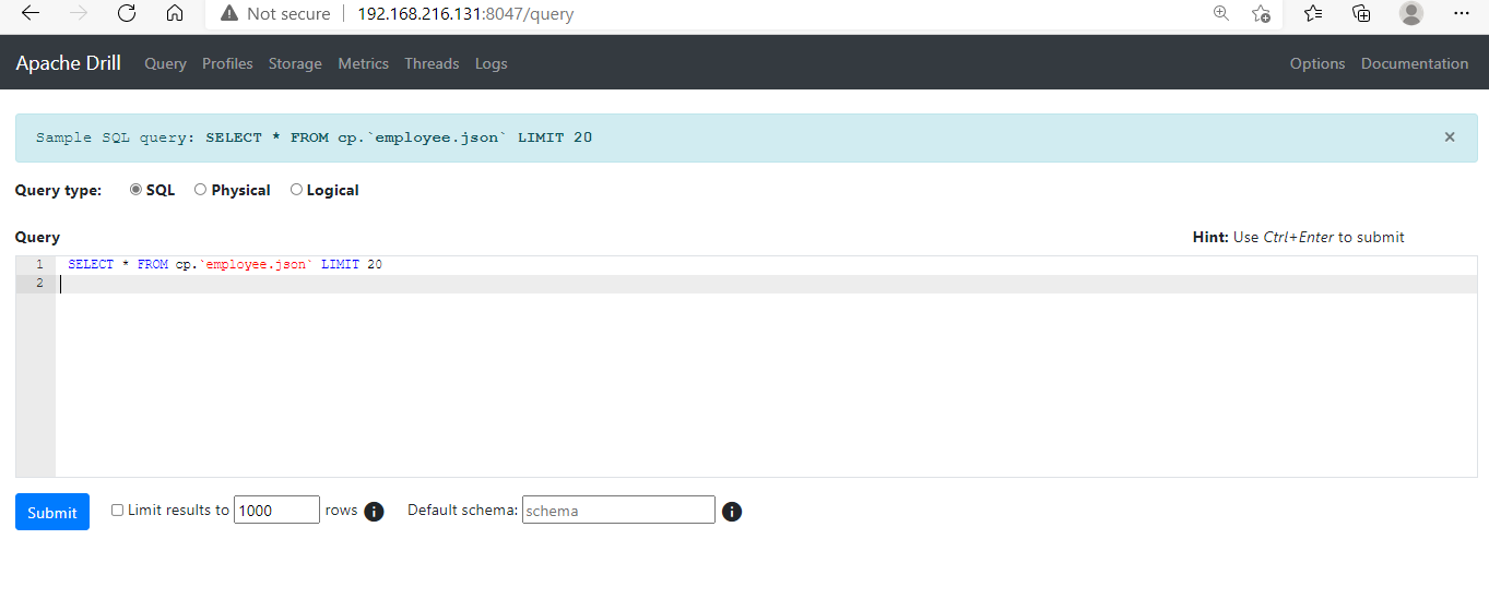 drill webinterface query cloudduggu