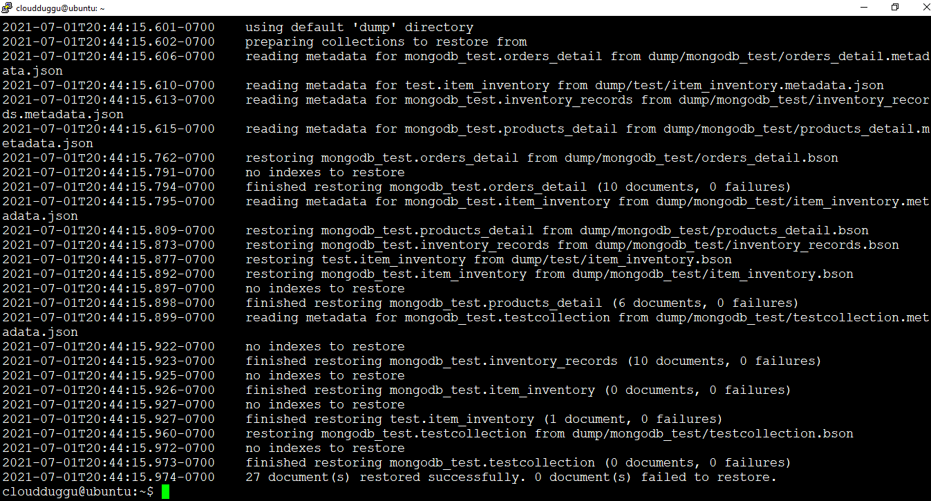 Mongodb restore operation output