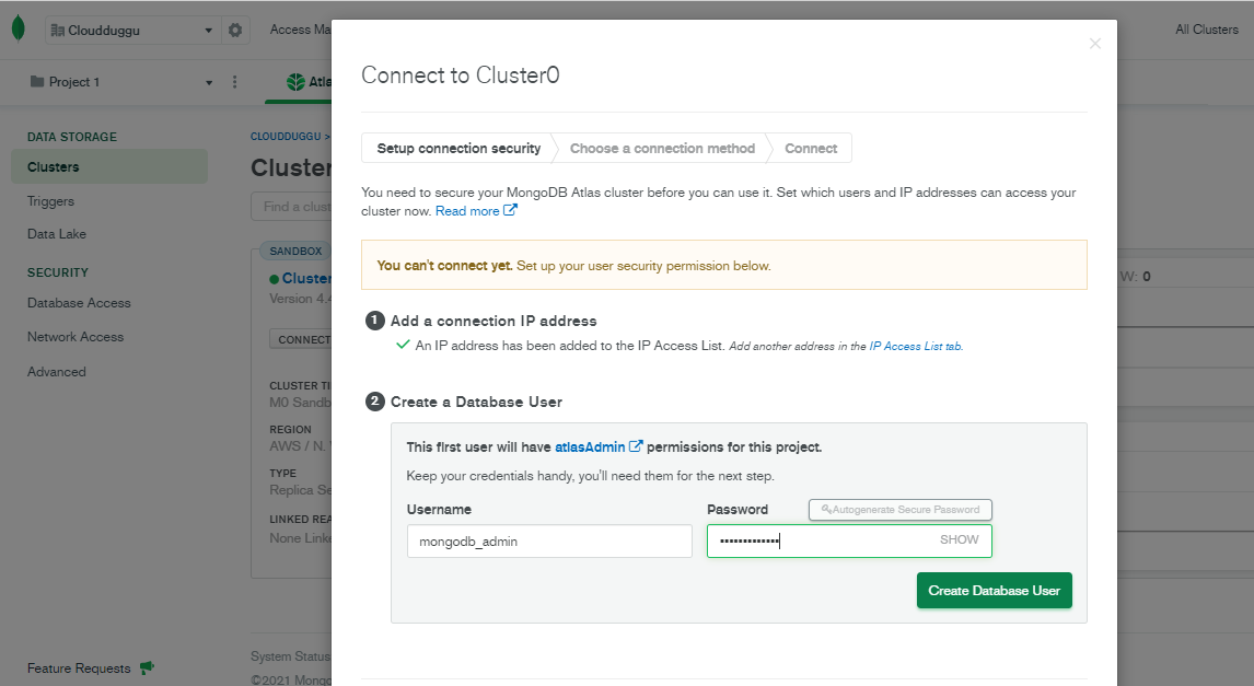 Mongodb atlas create dbuser cloudduggu