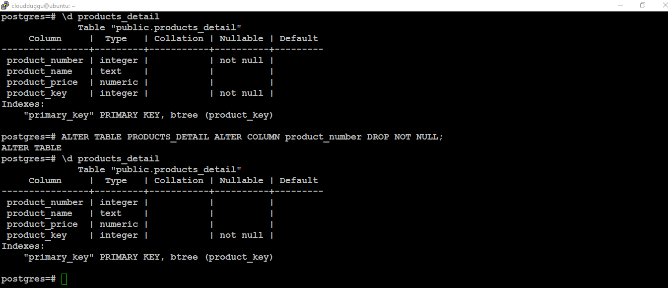 postgresql alter column drop not null command