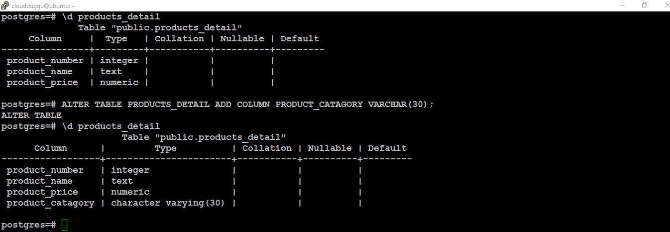 postgresql alter command add column command