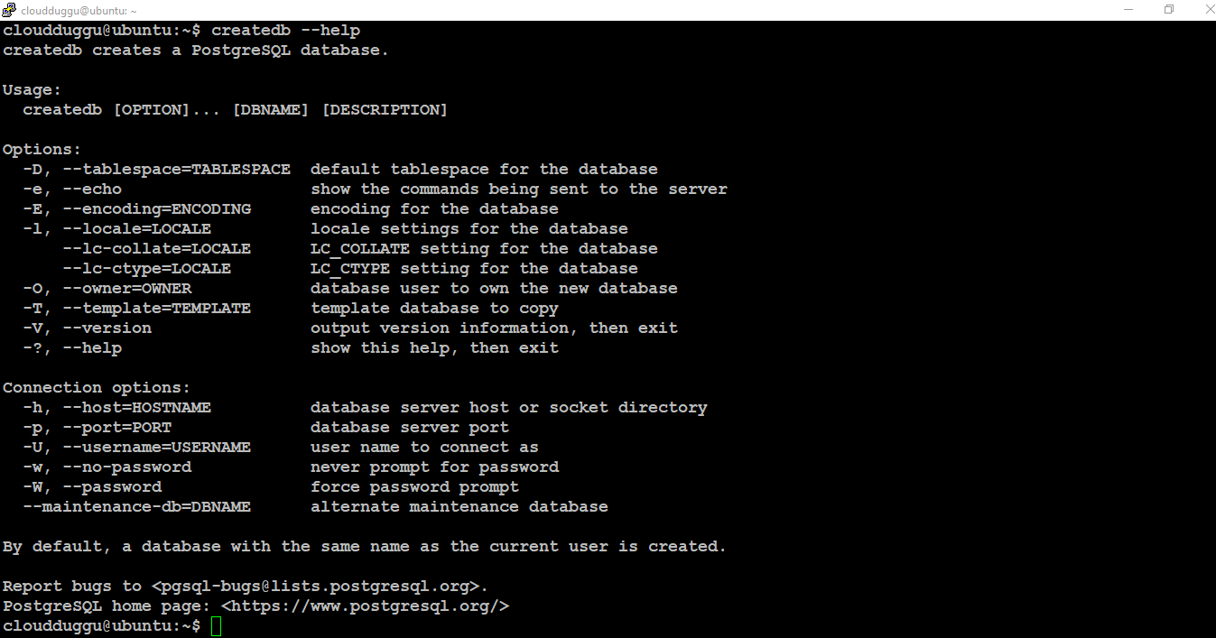 postgresql createdb help command