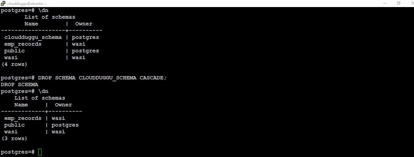 postgresql drop schema cascade command