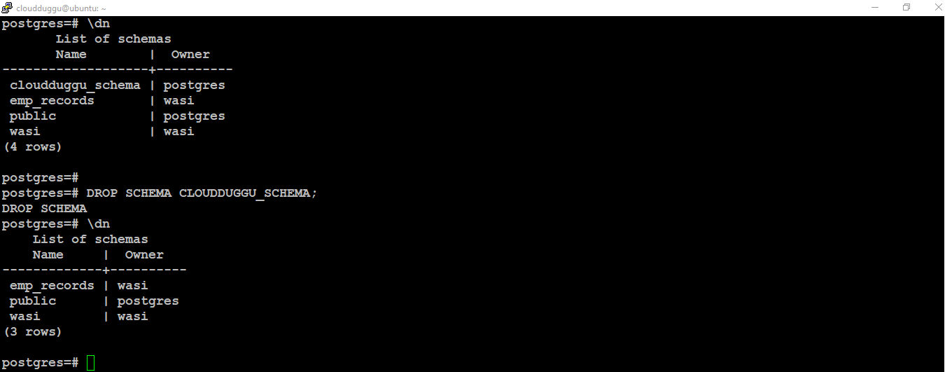 postgresql drop schema command