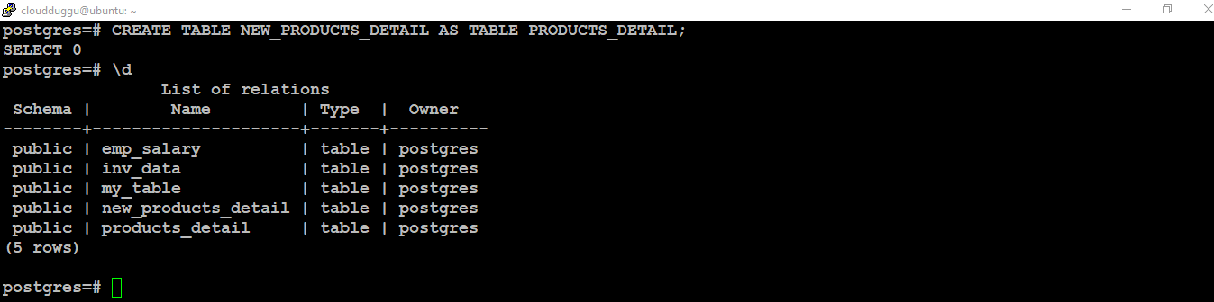 postgresql create table as command