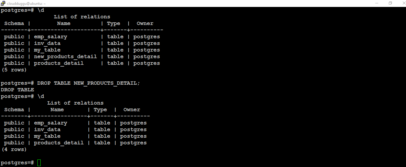 postgresql drop table as command