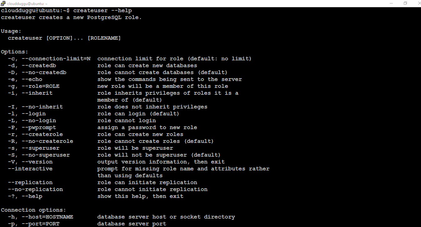 postgresql createuser help command