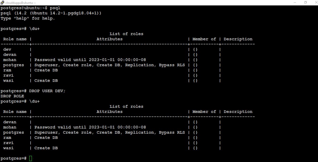 postgresql drop user command