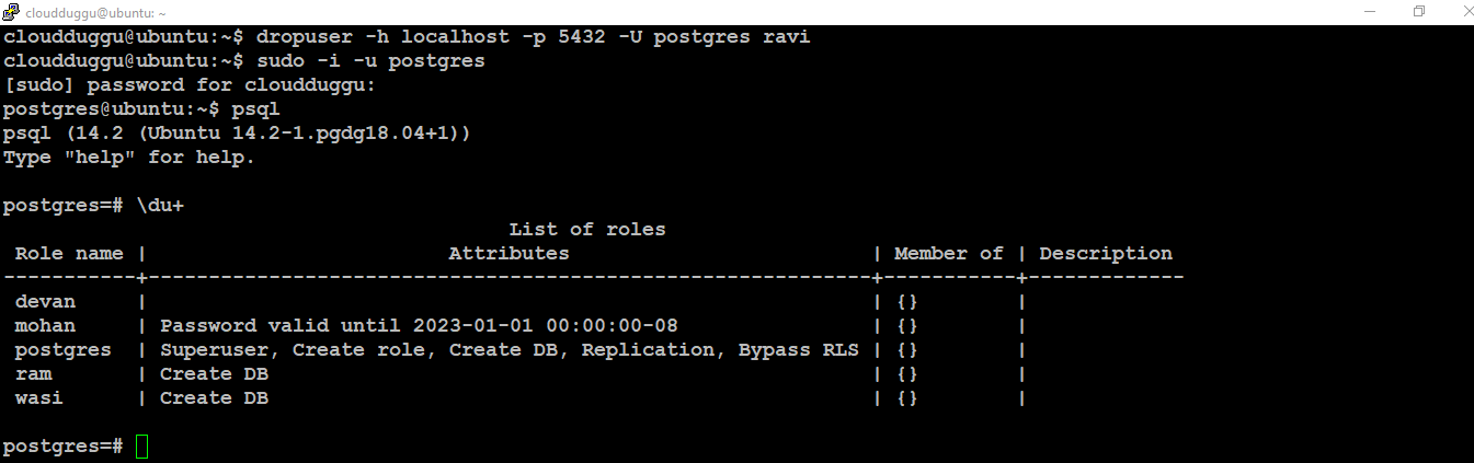 postgresql dropuser utility command