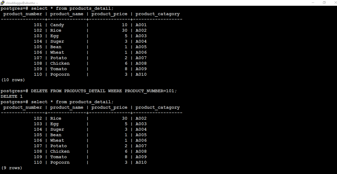 postgresql delete command with where cluase