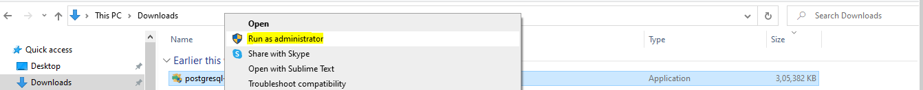 postgresql windows run as administrator