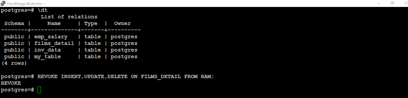 postgresql revoke insert update delete command