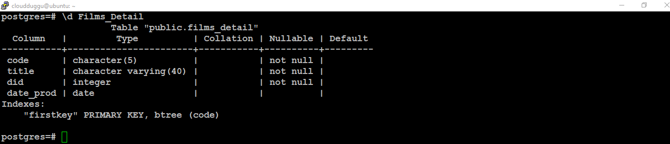 postgresql describe table command