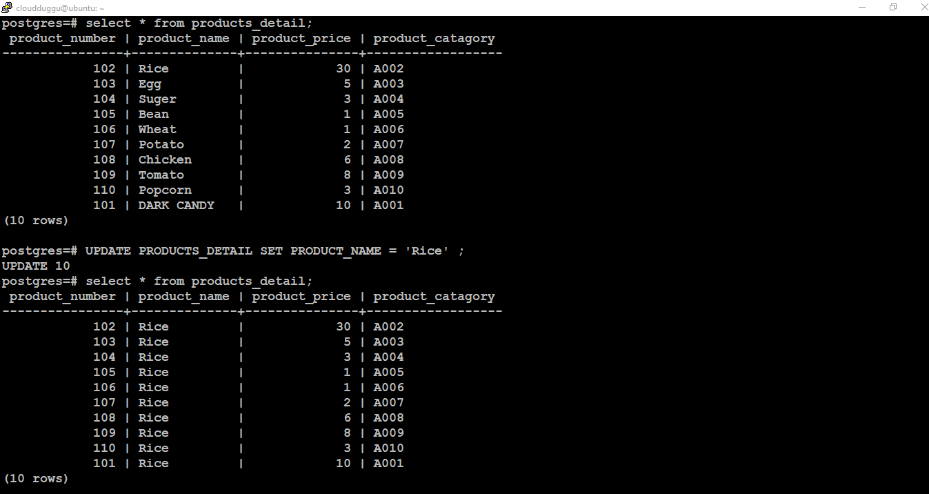 postgresql update command without where clause