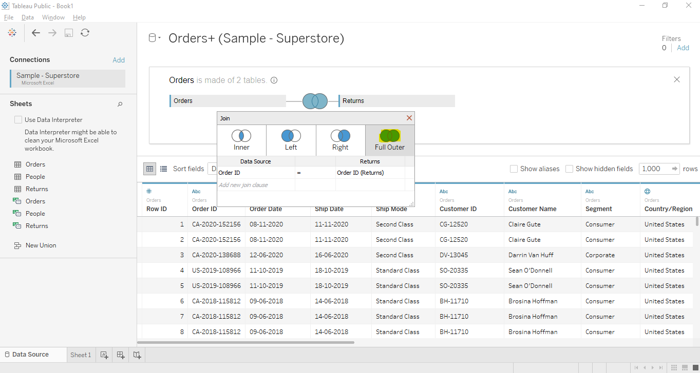 tableau fullouter join cloudduggu