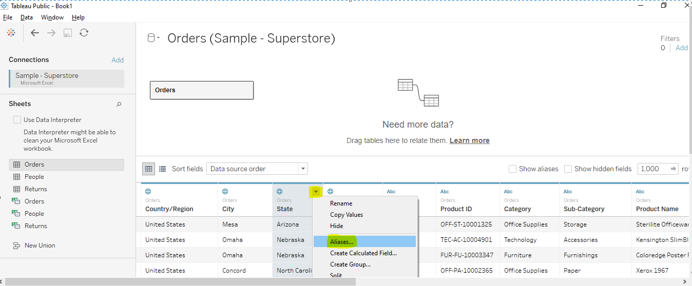 tableau column alias name cloudduggu